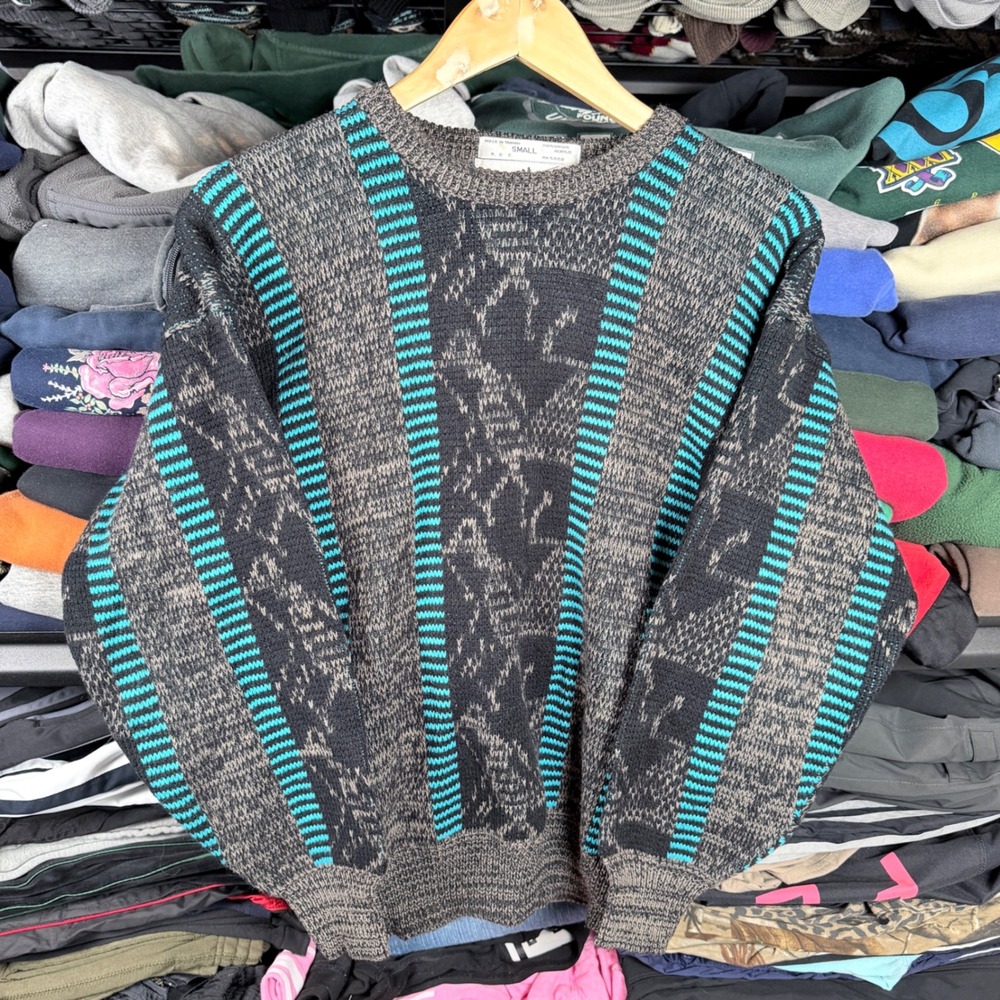 Vintage‎ Uniform Code Mens Small Abstract Geometric Knit Sweater Teal Black Grey